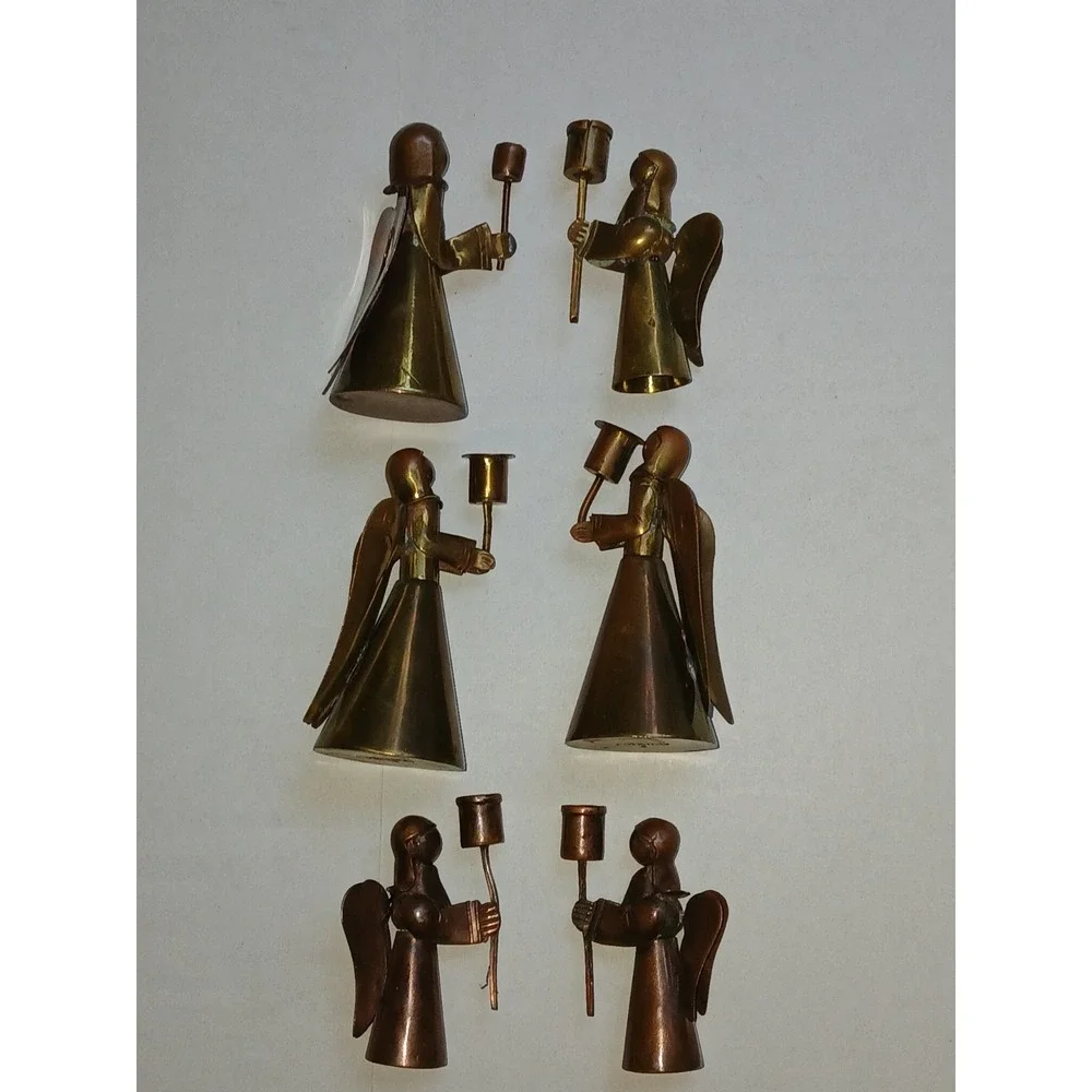 7  Vintage Rustic Copper & Brass Angel Candle Holder Set‎ Mexico Christmas Decor